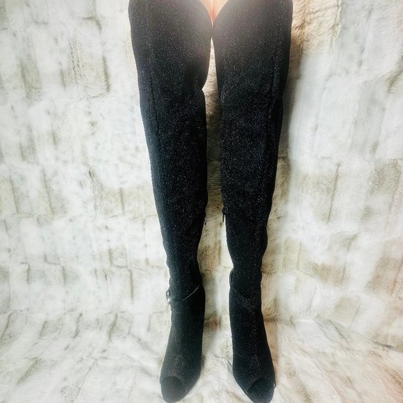 Glamour Chic Black Metallic Thread Stretch Over The Knee High Heel Boots - Picture 7 of 8